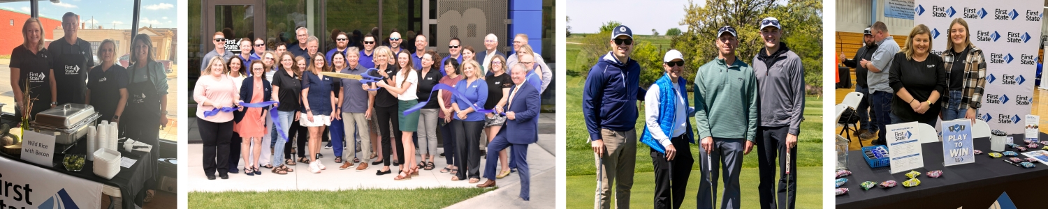 people serving soup, another picture with people at a ribbon cutting, another picture with people on a golf course, another picture with two women standing behind a table
